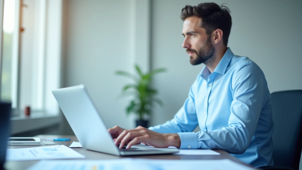Schreibtisch mit modernem Laptop, Finanzberichten und Kaffee, helles Bürolicht durch Fenster, berufliche Atmosphäre