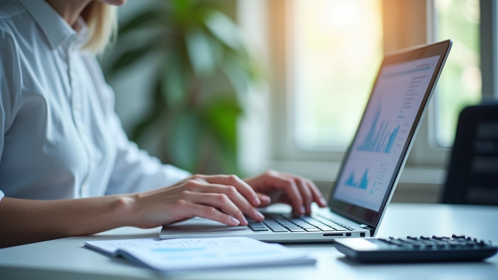 Analyst arbeitet am Laptop mit Diagrammen und Produktivitätsdaten, konzentrierter Blick