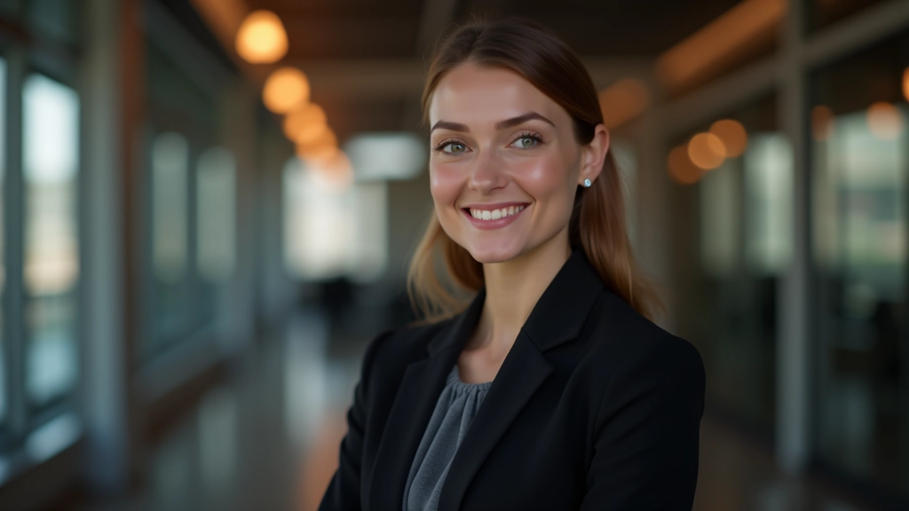 Geschäftsperson in professioneller Kleidung präsentiert vor Flipchart mit Diagrammen, helles Konferenzlicht, selbstbewusster Ausdruck
