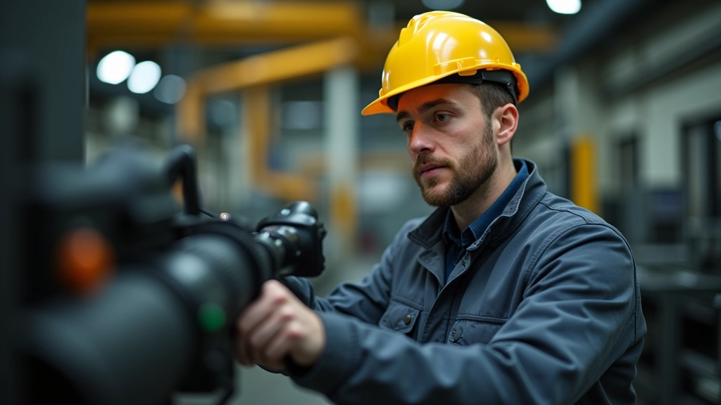 Arbeitnehmer in einer Fabrik während der Kurzarbeit, Maschinen im Hintergrund, konzentrierter Blick