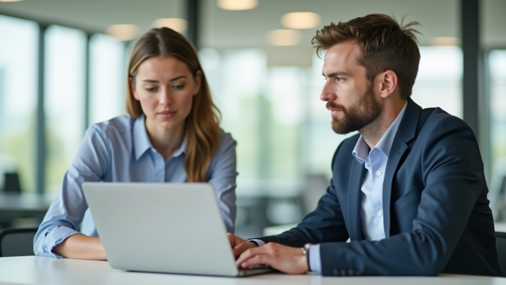 Arbeiter und Managerin in modernem Büro besprechen Arbeitsplan, natürliches Licht, freundliche Atmosphäre