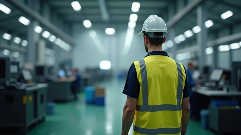 Modernes Fabrikgelände mit modernen Maschinen und Technologie, Arbeiter in Sicherheitsausrüstung, helles Industrielicht