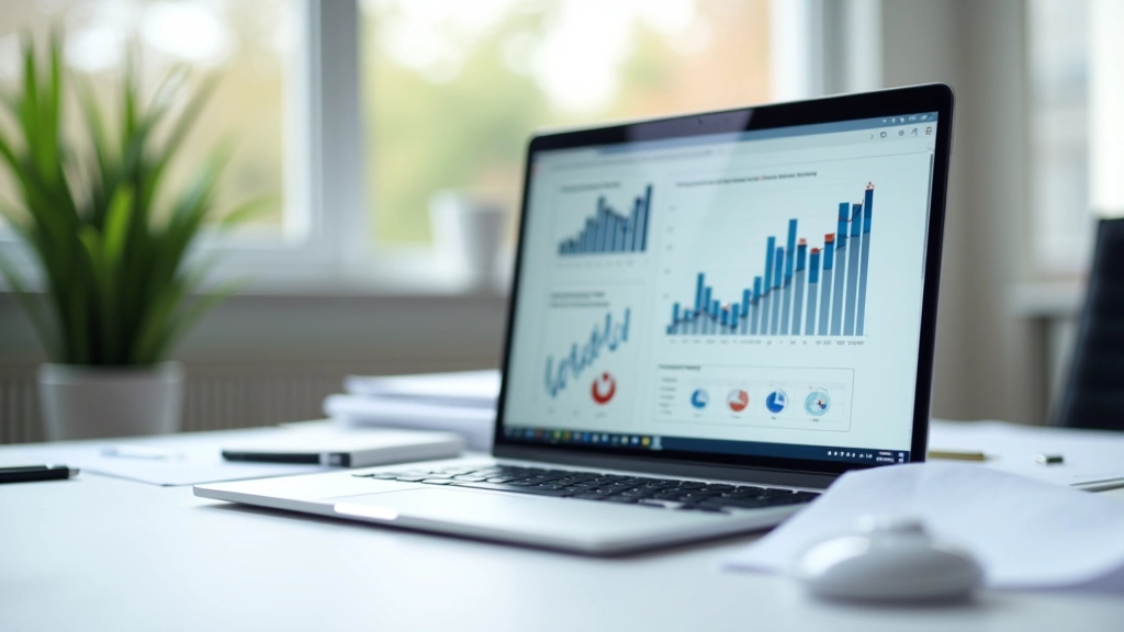 Moderner Arbeitsplatz mit Laptop und Diagrammen auf dem Schreibtisch, professionelle Büroumgebung mit Fensterblick