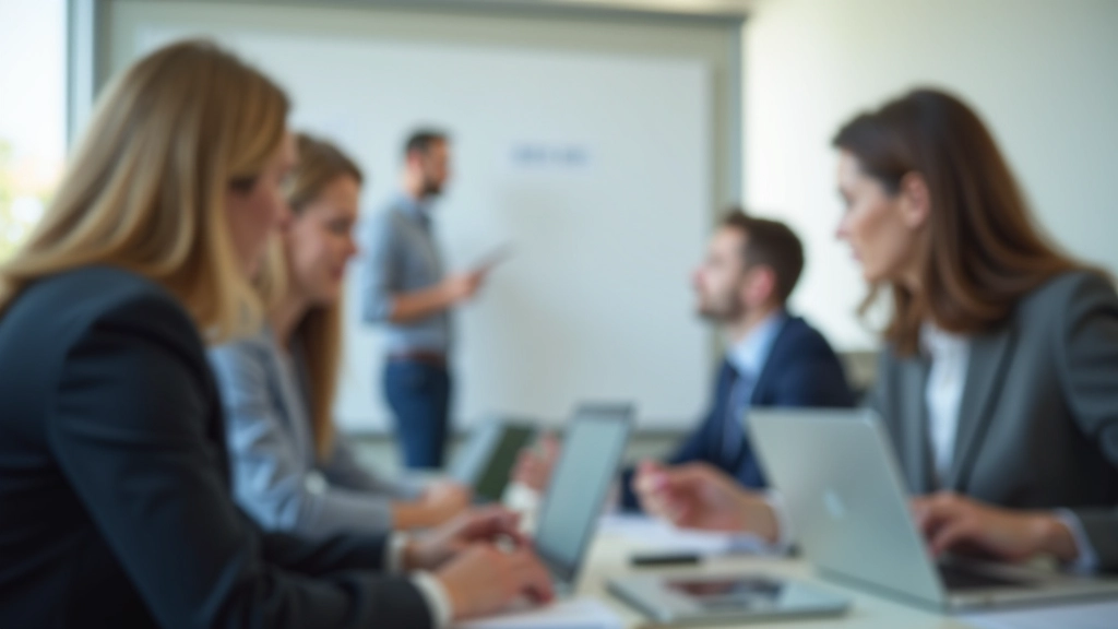 Fachkräfte in modernem Schulungsraum, am Laptop lernend, Whiteboard mit Konzepten im Hintergrund, Licht durch große Fenster