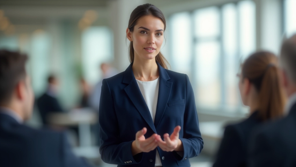 Geschäftsfrau in Blazer bei einer Präsentation vor Kollegen, selbstbewusstes Auftreten, modernes Büro